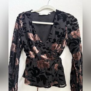 Astr Black Velvet Floral Wrap Blouse with Rose Gold Flowers